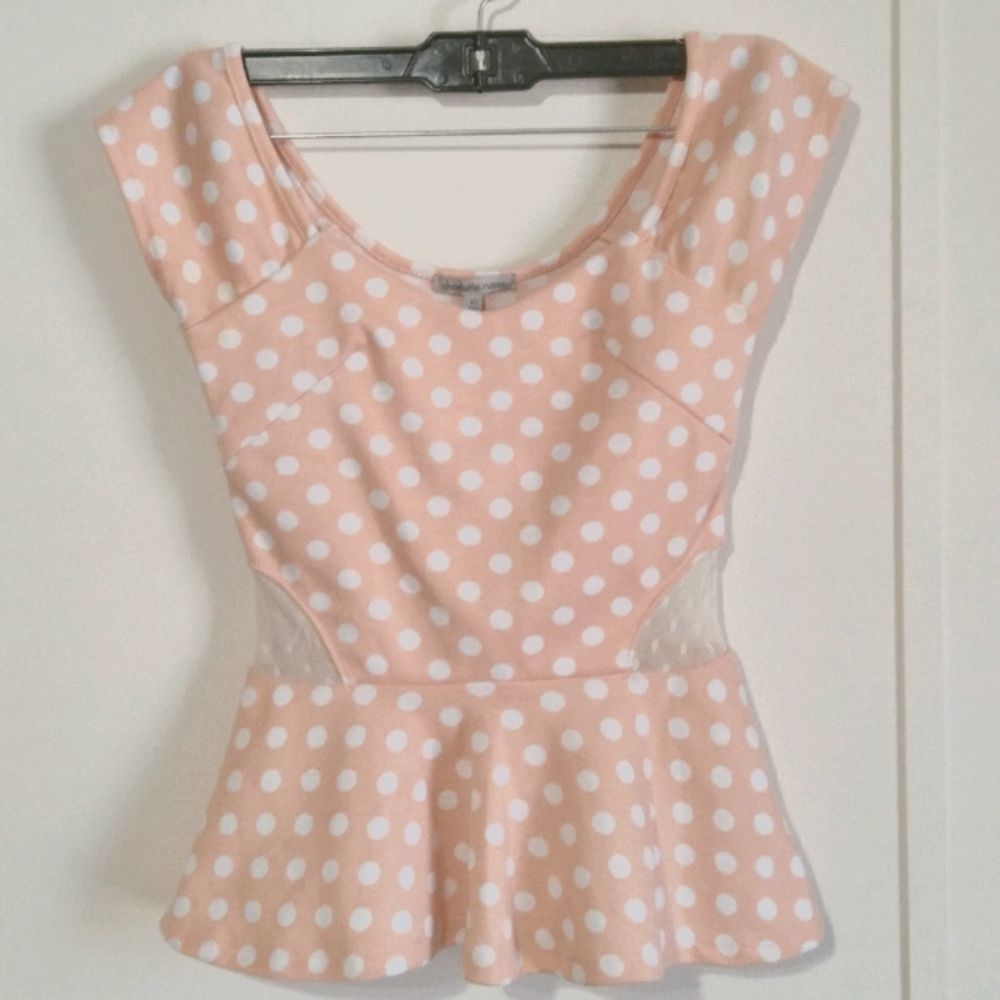 Polka dot peach white lace mesh peplum top xs